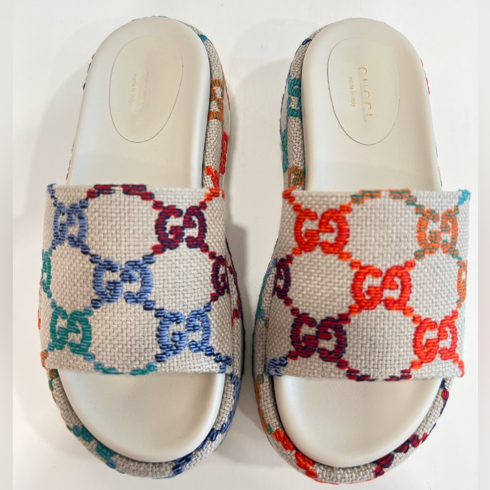 GUCCI Platform Multicolor logo print canvas slides - Picture 5 of 15
